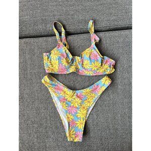 Shein Blue, Pink, Yellow Floral Underwire Top Two Piece Bikini Size M